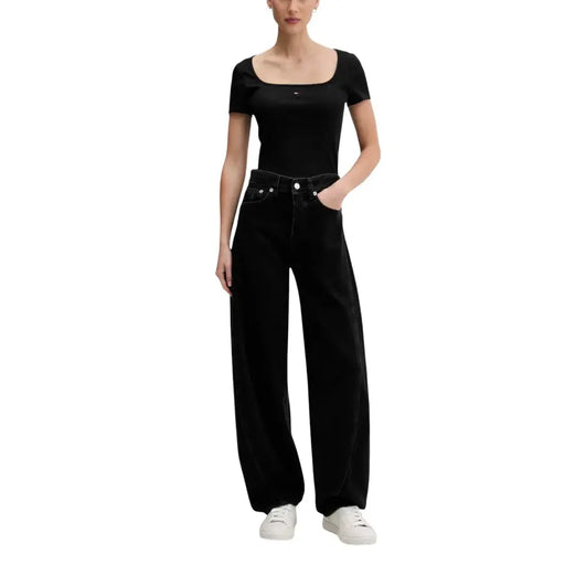 Tommy Hilfiger black high-waisted wide-leg denim jeans with silver hardware