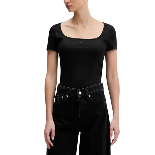 Tommy Hilfiger black square neck ribbed short-sleeve womens T-shirt