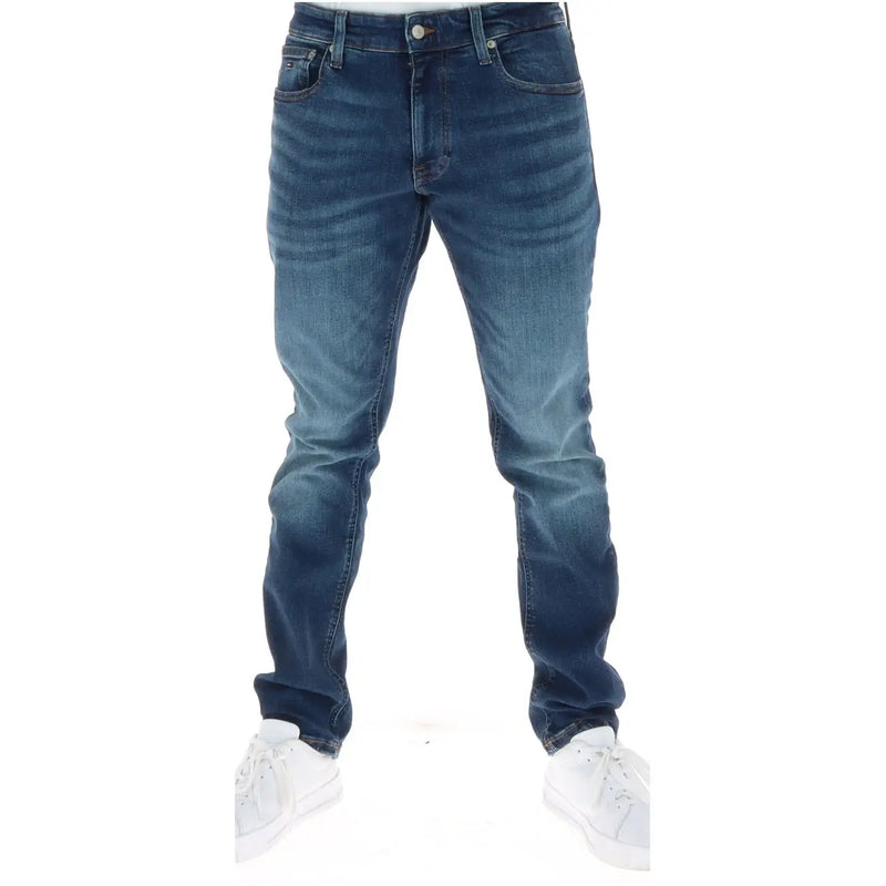 Tommy Hilfiger Herrenjeans aus dunkelblauem Denim mit schmaler Passform und dezenter Waschung an den Oberschenkeln, Vorderansicht