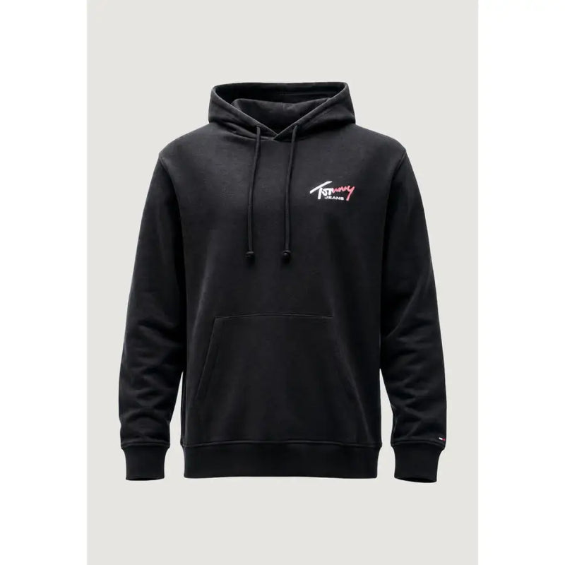 Schwarzer Tommy Hilfiger Jeans Herren-Hoodie aus Bio-Baumwolle mit dezentem, gesticktem Logo und passenden Kordelzügen auf der Brust