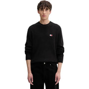 Tommy Hilfiger Jeans Schwarzer Herren-Rippstrickpullover aus Bio-Baumwolle mit gesticktem Flaggenlogo auf der linken Brust