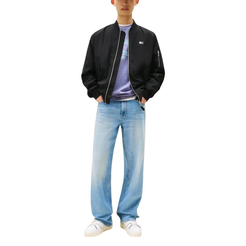 Tommy Hilfiger Jeans men black organic cotton bomber jacket with silver zipper trim and white logo on left chest