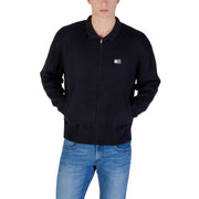 Black tommy hilfiger zip knitwear bomber jacket made of organic cotton with ribbed cuffs and logo patch on left chest