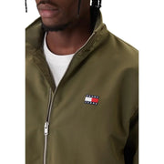 Olivgrüner Tommy Hilfiger Jeans-Herrenblazer mit silbernem Reißverschluss, gesticktem Logo-Patch, Polyester-Jacke mit langem Reißverschluss