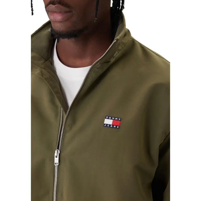 Olivgrüner Tommy Hilfiger Jeans-Herrenblazer mit silbernem Reißverschluss, gesticktem Logo-Patch, Polyester-Jacke mit langem Reißverschluss