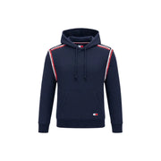 Marineblauer Tommy Hilfiger Jeans-Hoodie für Herren mit rot-weiß gestreiften Schulterakzenten aus Bio-Baumwolle