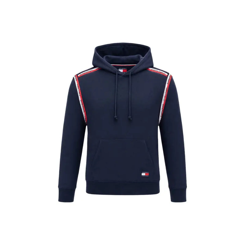 Marineblauer Tommy Hilfiger Jeans-Hoodie für Herren mit rot-weiß gestreiften Schulterakzenten aus Bio-Baumwolle