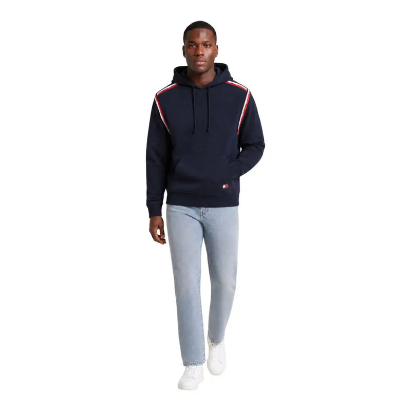 Marineblau Tommy Hilfiger Jeans Herren-Hoodie mit rot-weiß gestreiften Schulterpartien aus Bio-Baumwolle