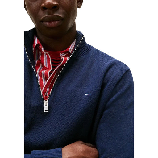 Navy blue knit half-zip sweatshirt for men made of organic cotton by Tommy Hilfiger Jeans with logo on chest