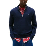 Tommy Hilfiger Jeans-Herren-Sweatshirt aus blauer Bio-Baumwolle mit halbem Reißverschluss und rot-weiß gestreiftem Krageninnenseite