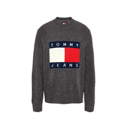 Dunkelgrauer Tommy Hilfiger Herren-Strickpullover mit Rundhalsausschnitt und auffälligem rot-weiß-marineblauem Logo-Print