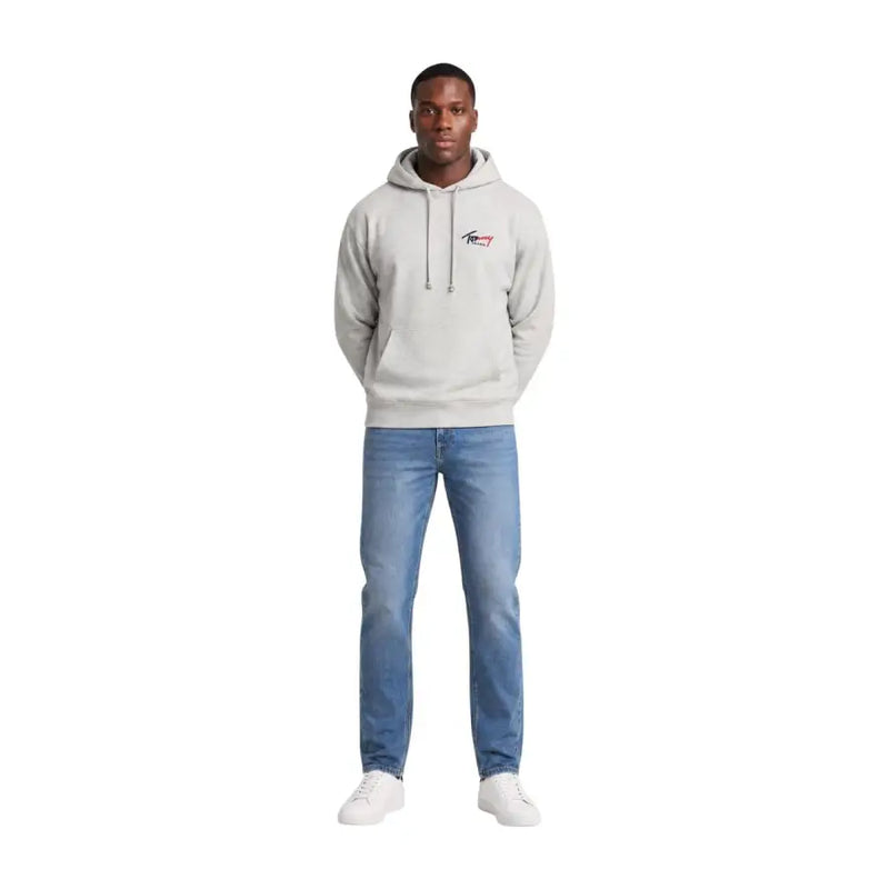 Tommy Hilfiger grauer Jeans-Herren-Hoodie aus Bio-Baumwolle mit kleinem gesticktem Logo und passenden Kordelzügen auf der Brust