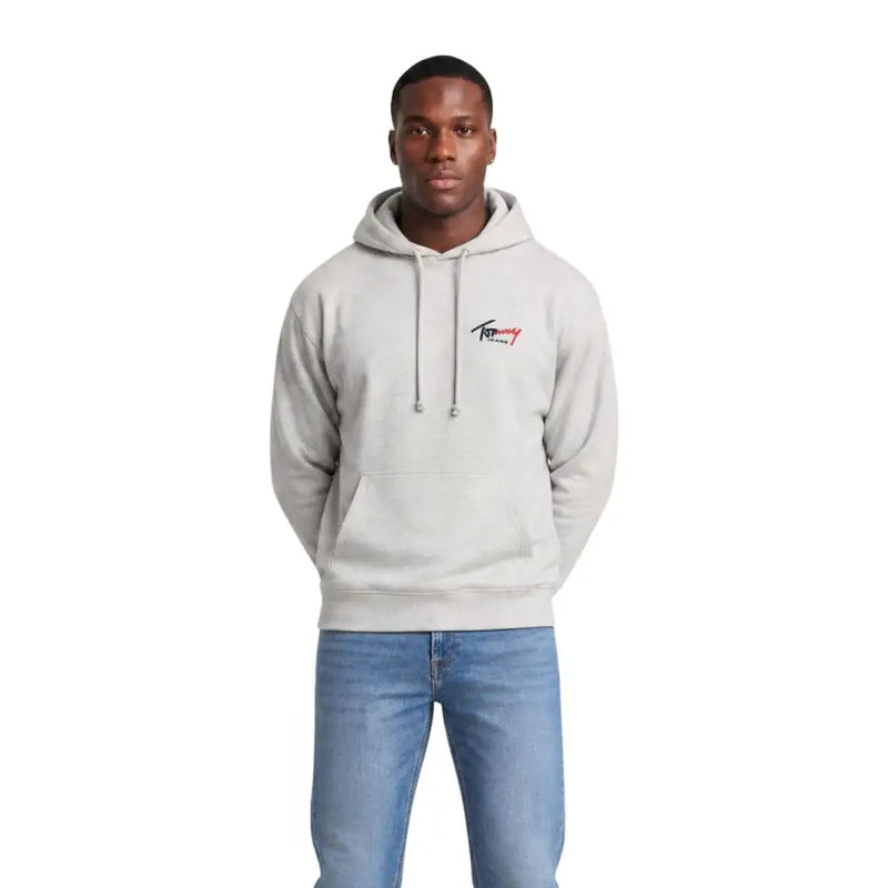 Tommy Hilfiger Jeans Grauer Herren-Hoodie aus Bio-Baumwolle mit kleinem, gesticktem Logo und passenden Kordelzügen auf der Brust