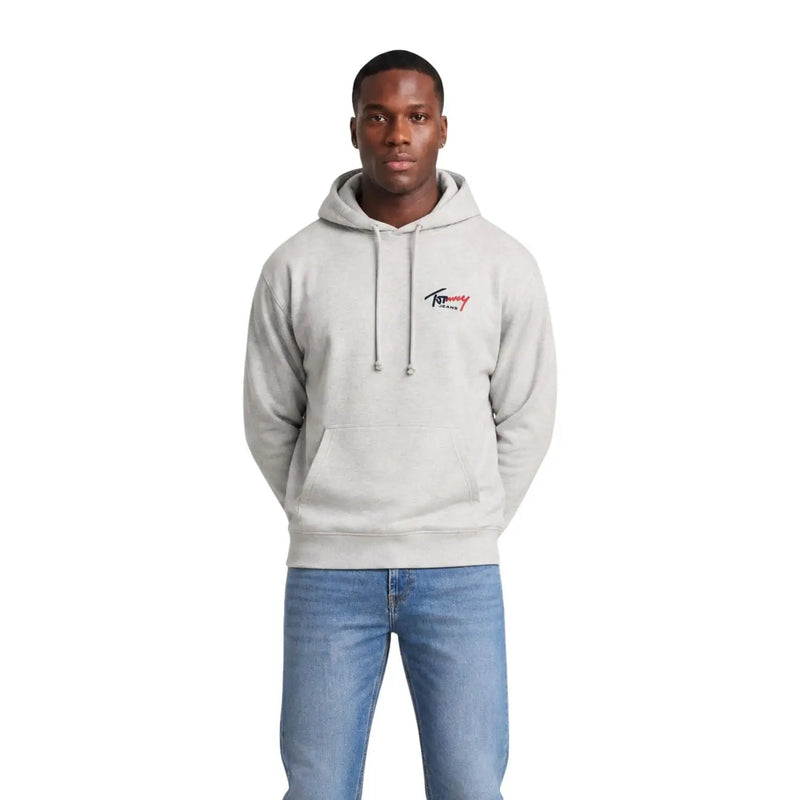 Tommy Hilfiger Jeans men grey organic cotton hoodie with small embroidered logo and matching drawstrings on chest