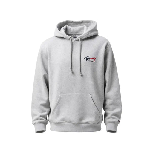 Tommy Hilfiger Jeans Grauer Herren-Hoodie aus Bio-Baumwolle mit dezentem Logo auf der Brust und passenden Kordelzügen.