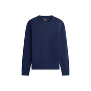 Navy blue tommy hilfiger jeans men knitwear crewneck sweater with ribbed cuffs hem and embroidered left chest logo organic cotton