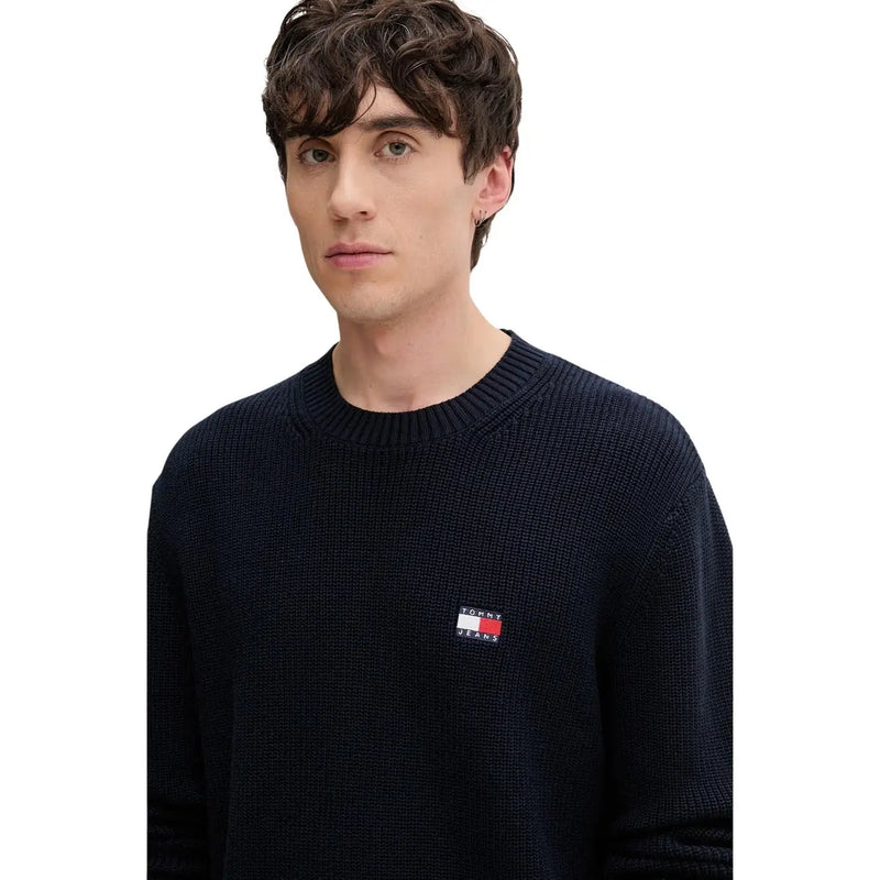 Navy blue textured knit organic cotton sweater for men by Tommy Hilfiger Jeans with small embroidered flag logo