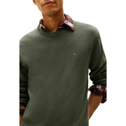 Olive green textured knit sweater with small tommy hilfiger logo on chest made of cotton for men knitwear collection