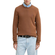 Brown ribbed knit cotton sweater with round neck and small Tommy Hilfiger logo on the left chest for men