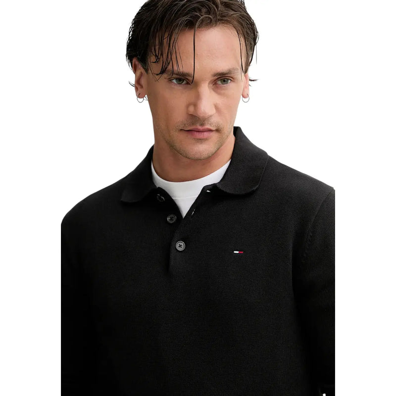 Black textured knit slim polo shirt with small Tommy Hilfiger logo made of organic cotton for men