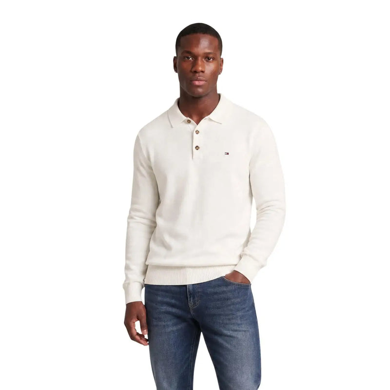 Cream-colored Tommy Hilfiger polo sweater with ribbed collar and cuffs made from black organic cotton for men slim fit