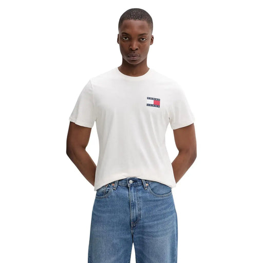White tommy hilfiger slim cotton t shirt with small colorful flag emblem on left chest for men beige s