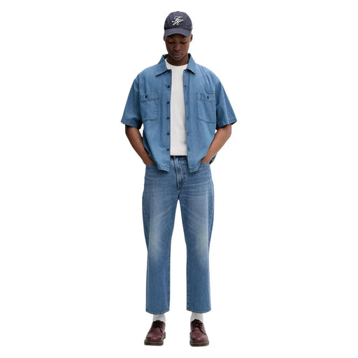 Blue denim short-sleeved button-up shirt with two chest pockets in cotton for tommy hilfiger jeans men slim t shirt beige s