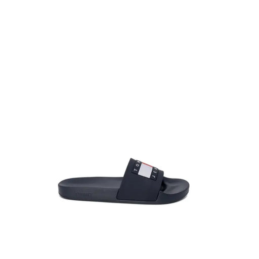 Black tommy hilfiger jeans men slippers in size 2 featuring a rubber slide sandal with logo strap and signature flag design