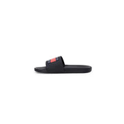 Schwarze Tommy Hilfiger Gummisandalen mit rotem und marineblauem Logostreifen am Riemen, Größe 2, Herrenpantoffeln