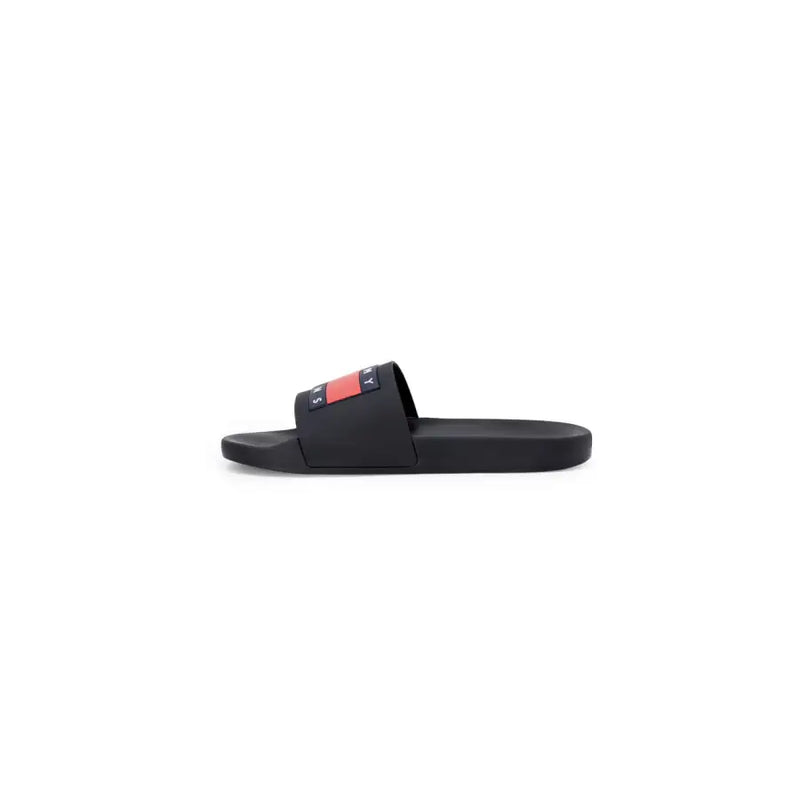Schwarze Tommy Hilfiger Gummisandalen mit rotem und marineblauem Logostreifen am Riemen, Größe 2, Herrenpantoffeln