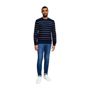 Tommy Hilfiger Jeans Herren gestreifter blauer Strickpullover aus Bio-Baumwolle, marineblau mit weißen und roten horizontalen Streifen
