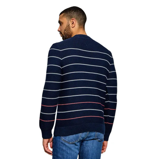 Tommy Hilfiger Jeans Herren-Strickwaren aus Bio-Baumwolle in Marineblau mit Streifen, weißen und roten Querstreifen und gerippten Bündchen