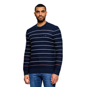 Tommy Hilfiger Jeans Herrenpullover aus Bio-Baumwolle, marineblau gestreift, mit weißen und roten horizontalen Streifen, geripptem Rundhalsausschnitt und Bündchen.