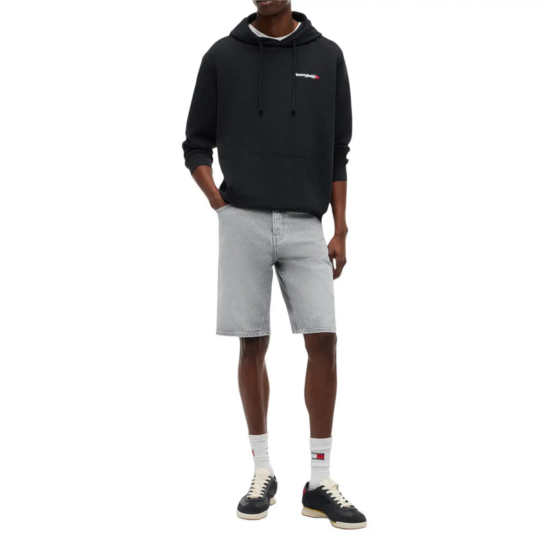 Black calvin klein hoodie with small embroidered logo on chest shown with tommy hilfiger jeans men sweatshirt black organic cotton