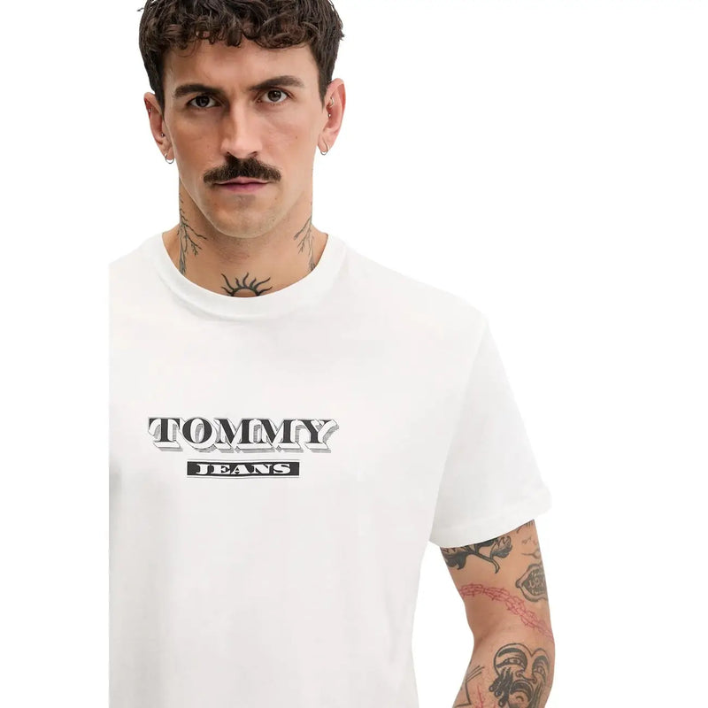 Tommy Hilfiger jeans men t shirt in beige cotton featuring a white tommy jeans t shirt with black and white logo print