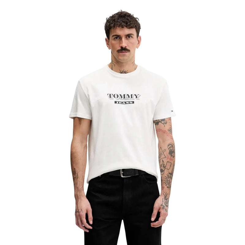 White tommy hilfiger jeans men t shirt in cotton with beige color and black logo print on the front