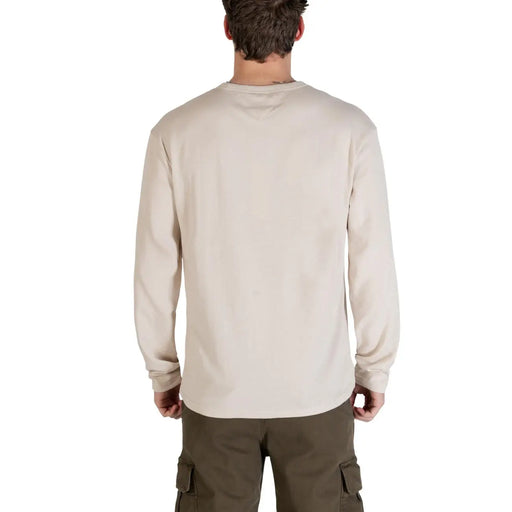 Tommy Hilfiger Jeans men t shirt beige organic cotton long sleeve crewneck with soft textured fabric and subtle shoulder fading