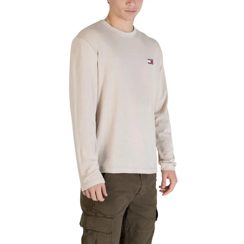 Beige long-sleeved tommy hilfiger crewneck shirt with small embroidered logo made from organic cotton in size s
