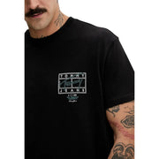 Black tommy hilfiger jeans men t-shirt with white rectangular logo featuring brand name and signature on front