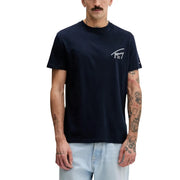 Navy blue Tommy Hilfiger Jeans men t-shirt with white logo on left chest, short-sleeved and casual wear
