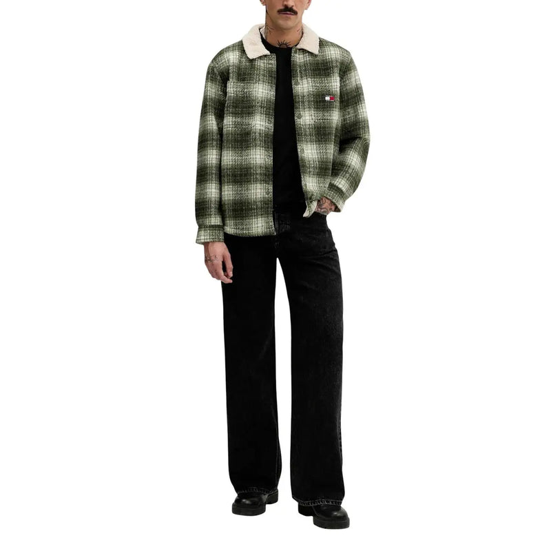 Tommy hilfiger jeans green and white plaid shearling-lined jacket with cream collar for men casual wear