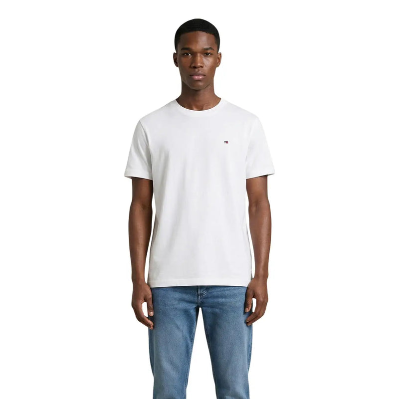 White Tommy Hilfiger crew neck cotton t-shirt for men with a small logo on the left chest from Tommy Hilfiger Jeans