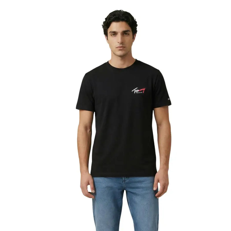 Schwarz Tommy Hilfiger Herrenjeans t-shirt mit kleinem, gesticktem Logo auf Brust und Ärmel aus Baumwollstoff