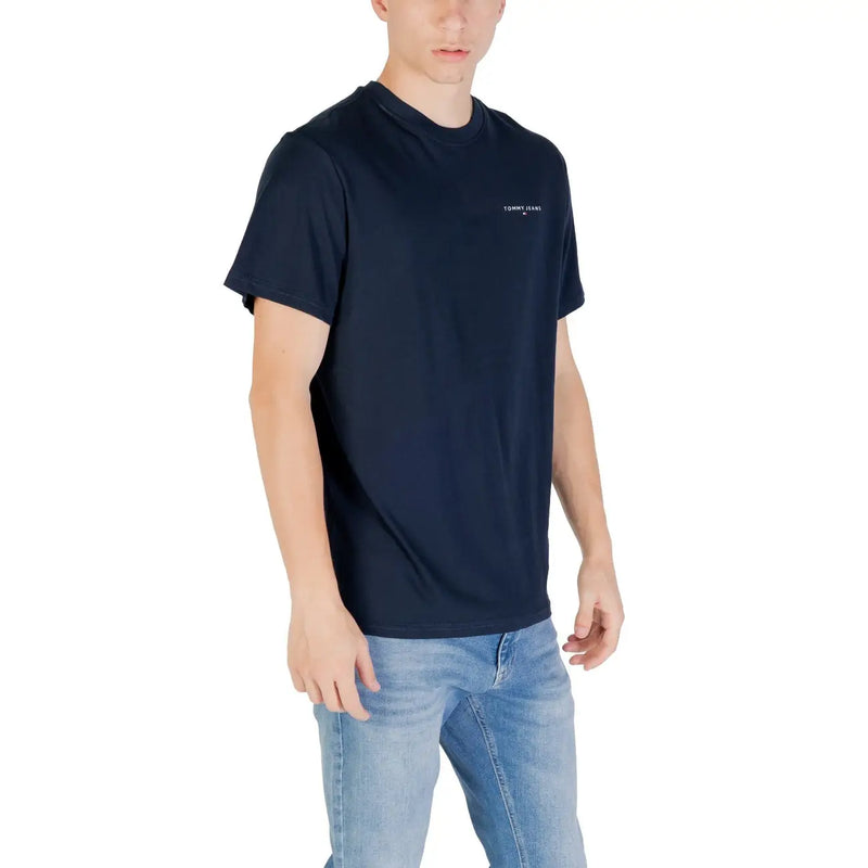 Navy blue Tommy Hilfiger Jeans men’s t-shirt featuring a small white logo on the left chest, casual style