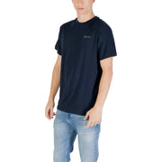 Navy blue cotton Tommy Hilfiger Jeans men t-shirt with a small white logo on the chest for casual wear