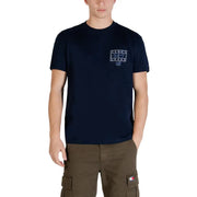 Marineblaues Tommy Hilfiger Jeans Herren-T-Shirt aus Bio-Baumwolle mit weißem rechteckigem Logo auf der Brust