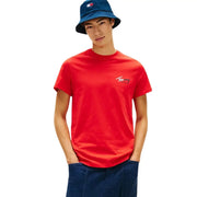 Vibrant red tommy hilfiger short-sleeve t-shirt with subtle embroidered logo made from organic cotton for men