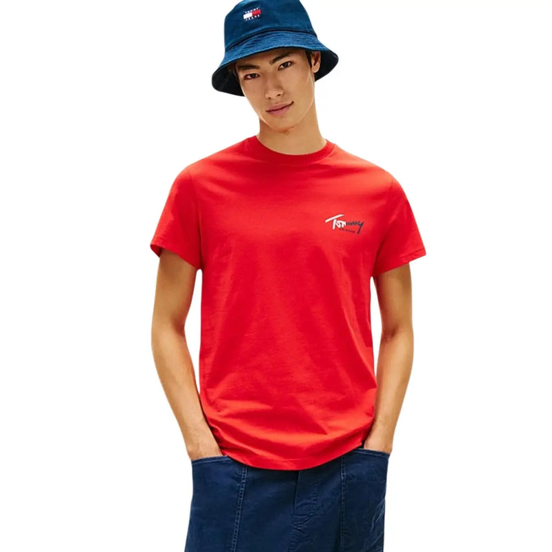 Vibrant red tommy hilfiger short-sleeve t-shirt with subtle embroidered logo made from organic cotton for men