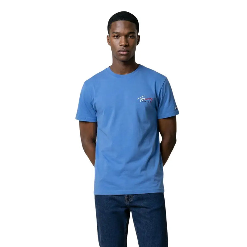 Tommy Hilfiger Jeans, Herren-T-Shirt aus blauer Bio-Baumwolle mit kleinem, gesticktem Logo auf Brust und Ärmel
