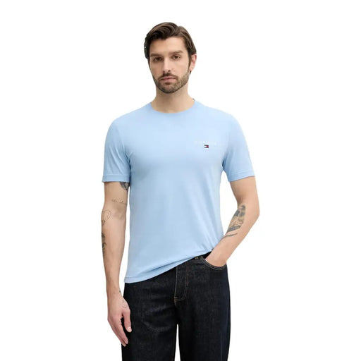 Light blue tommy hilfiger cotton crew neck t shirt with small embroidered logo on left chest for men